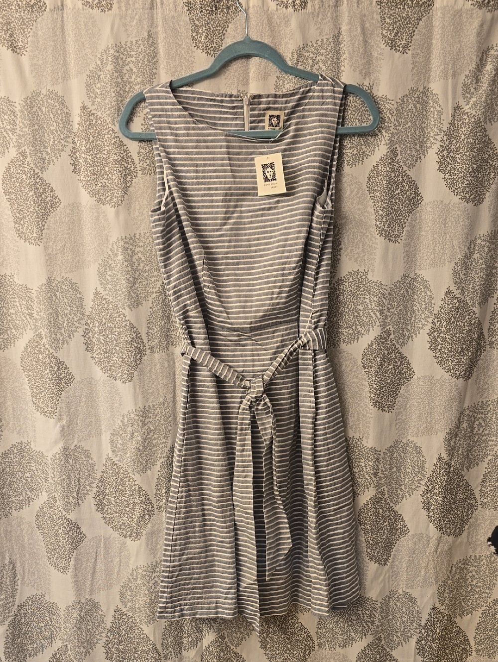 Anne Klein Gray and White Striped Sleeveless Midi Dress with Tie Waist